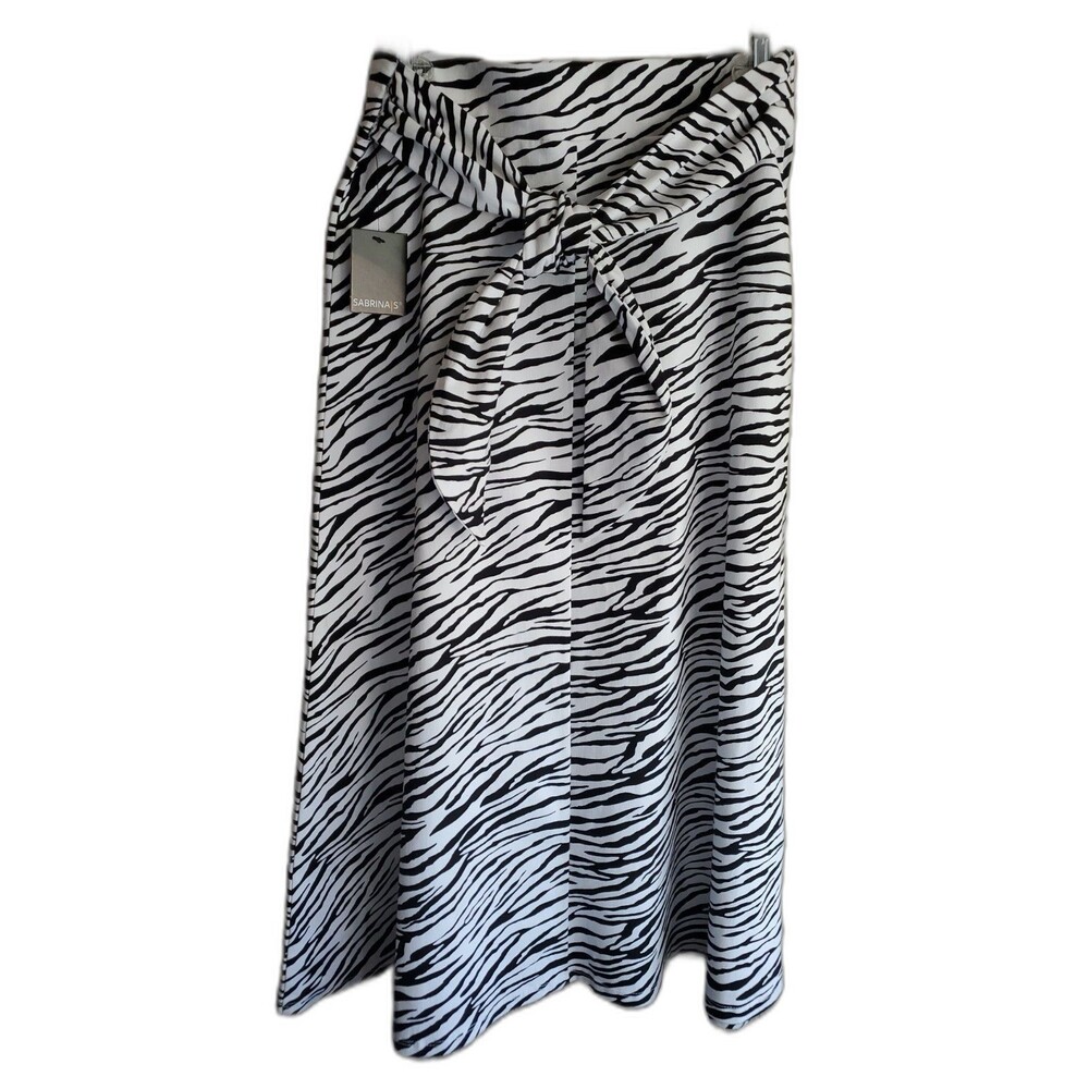 Sabrina S Zebra Animal Print Monochrome Skirt Midi Stretch Tie Waist A Line S